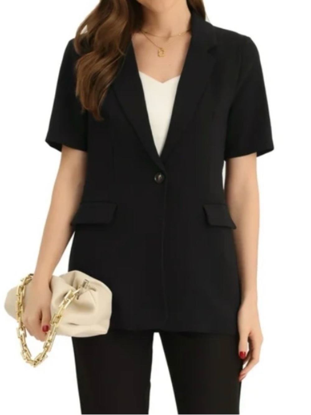Allegra K Lapel Short Sleeve Button Down with Pockets Business Suit Work Jacket